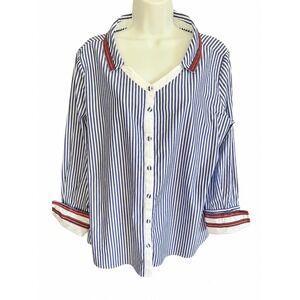 Milano Italy Blue White Striped Button Down Shirt Women SZ L 100%Cotton Preppy